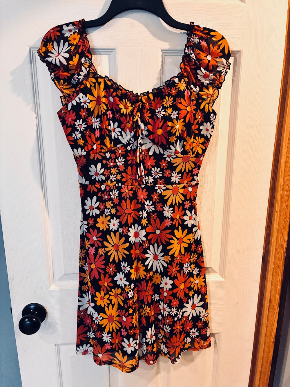 No Boundaries Black Floral Mini Dress with Orange, Red & White Flowers